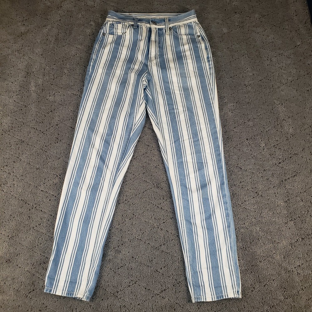 American Eagle Jeans Womens 00 Blue Mom Striped Tapered Mid Rise Preppy